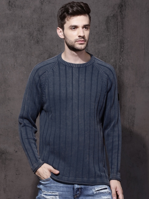 

Roadster Men Blue Self-Striped Pullover Sweater
