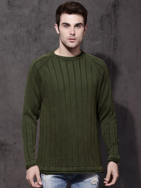 

Roadster Men Olive Green Self-Striped Pullover Sweater