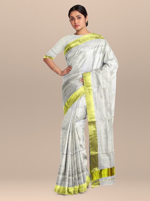 

The Chennai Silks Off White & Gold-Toned Striped Zari Pure Cotton Fusion Kasavu Saree