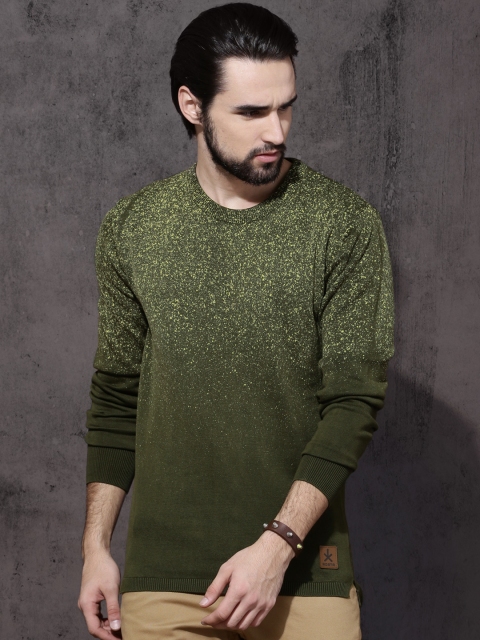 

Roadster Men Olive Green Printed Pullover
