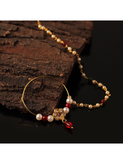 

Sanjog Gold-Plated Gold-Toned CZ Studded & Beaded Chained Piercing Nosering