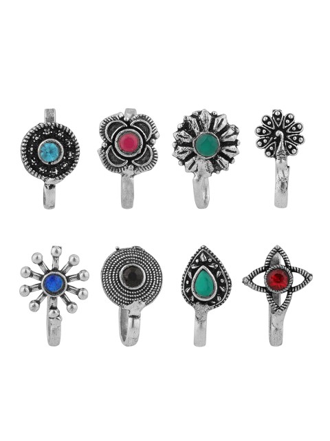 

Sanjog Women Pack of 8 Silver-Plated Nosepins