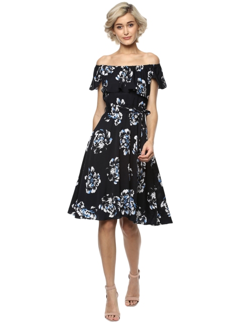 

Harpa Women Black Floral Print Bardot Fit & Flare Dress