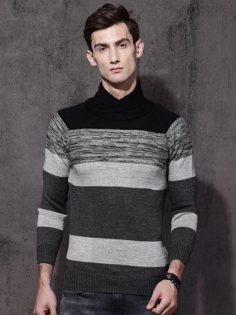 

Roadster Men Black & Grey Colourblocked Pullover