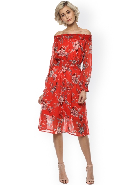 

Harpa Women Red Printed Fit and Flare Off-Shoulder Dress