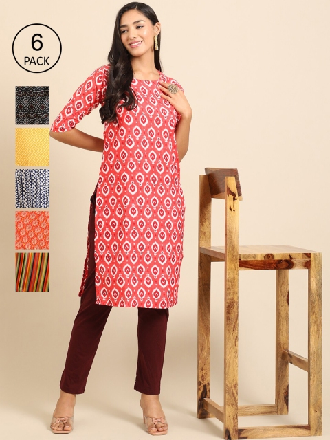 

KALINI Women Pack Of 6 Multicoloured Printed Block Print Crepe Kurta, Multi
