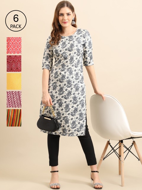 

KALINI Women Pack Of 6 Multicoloured Printed Block Print Crepe Kurta, Multi