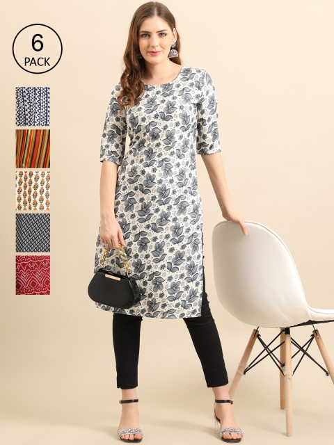 

KALINI Pack of 6 Women Printed Crepe Kurta, Black