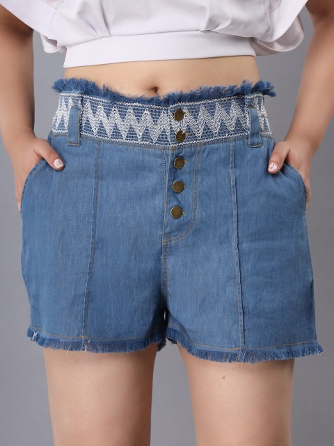 

SUMAVI-FASHION Women Blue Embroidered High-Rise Denim Shorts