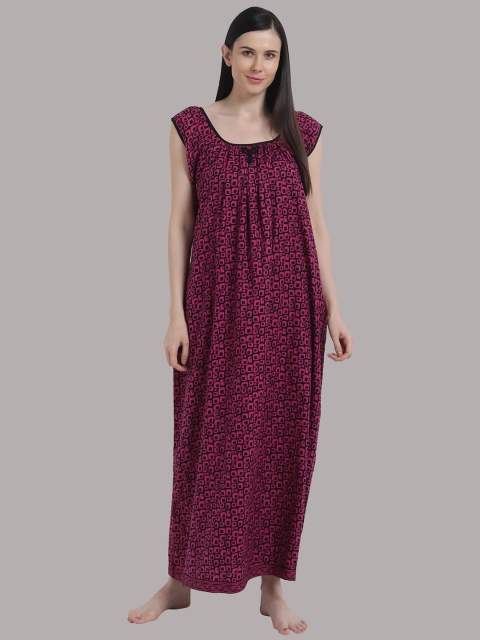 

Shararat Women Dark Pink Geometric Print Pure Cotton Maxi Nightdress