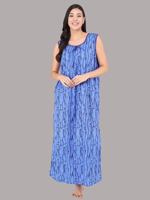 

Shararat Women's Blue Printed Cotton Sleeveless Night Gown/Nighty