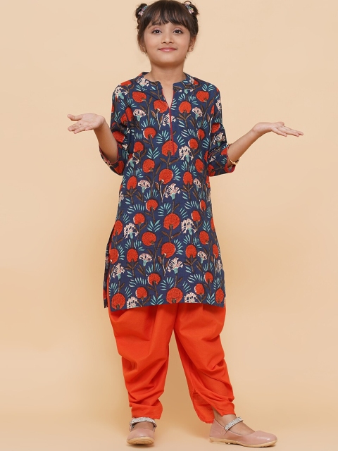 

titliyan Girls Blue Floral Printed Angrakha Pure Cotton Kurti with Patiala