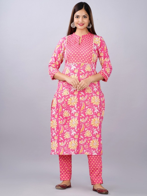 

Glorious Women Pink Floral Printed Pure Cotton Kurta with Trousers & With Dupatta