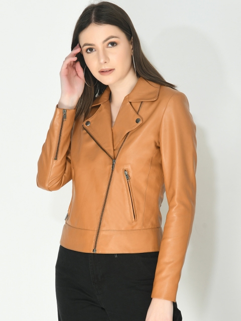

Pactorn Women Tan Leather Longline Tailored Jacket