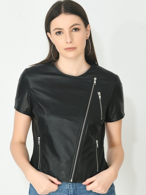 

Pactorn Women Black Solid Leather Bomber Jacket