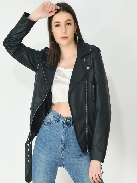 

Pactorn Women Green Leather Biker Jacket