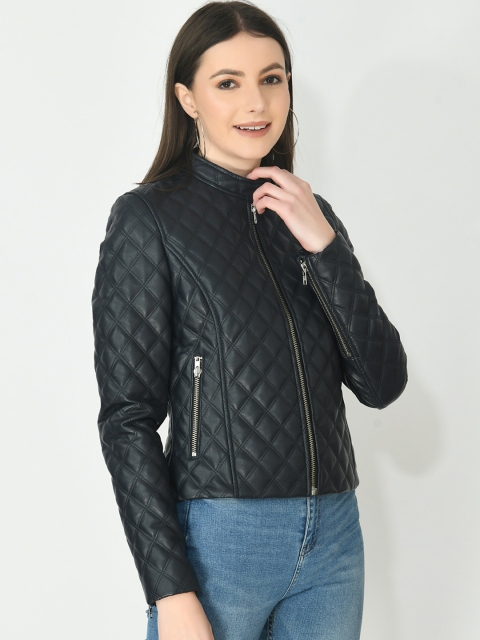 

Pactorn Women Navy Blue Leather Quilted Jacket