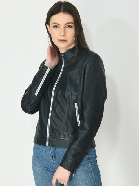 

Pactorn Women Black Leather Crop Tailored Jacket