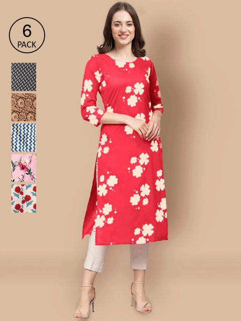 

KALINI Women Pack Of 6 Red & Blue Floral Printed Crepe Kurtas