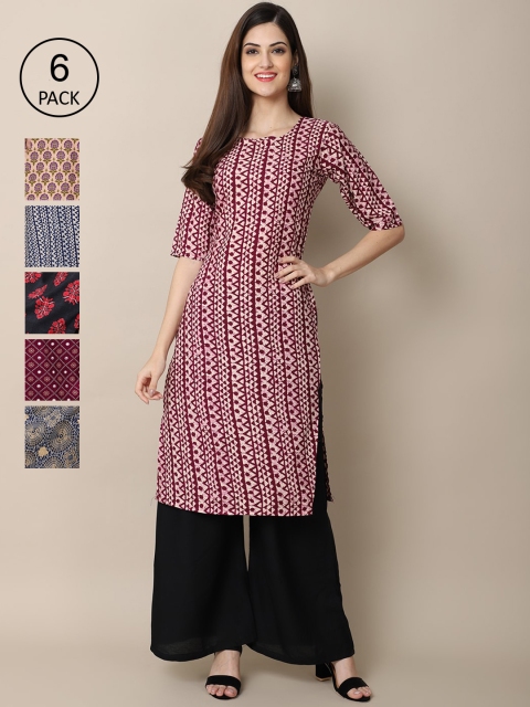 

KALINI Women PACK OF 6 Ethnic Motifs Printed Thread Work Printed Crepe Kurta, Multi