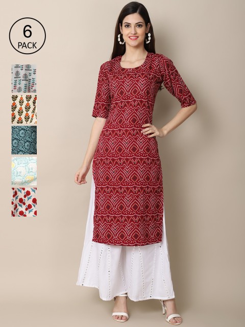 

KALINI Women Pack Of 6 Maroon & Blue Floral Printed Crepe Kurtas