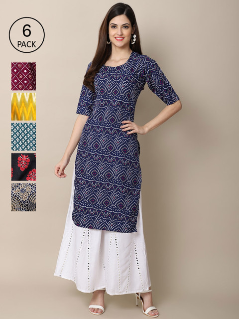 

KALINI Women Multicoloured Ethnic Motifs Printed Keyhole Neck Thread Work Block Print Crepe Kurta, Multi