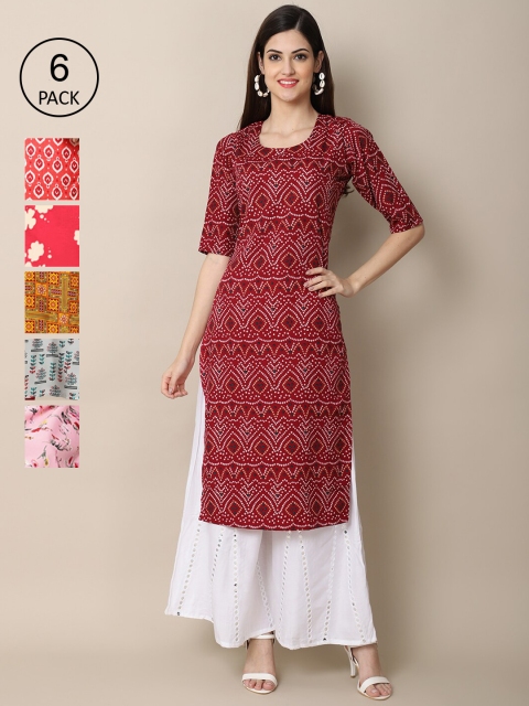 

KALINI Women PACK OF 6 Floral Printed Thread Work Printed Crepe Kurta, Multi