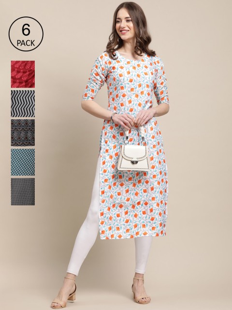 

KALINI Women White Red Blue Geometric Printed Thread Work Block Print Crepe Kurta