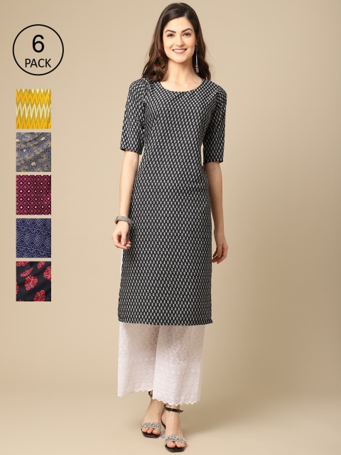 

KALINI Women Grey Yellow Maroon Geometric Printed Thread Work Block Print Crepe Kurta