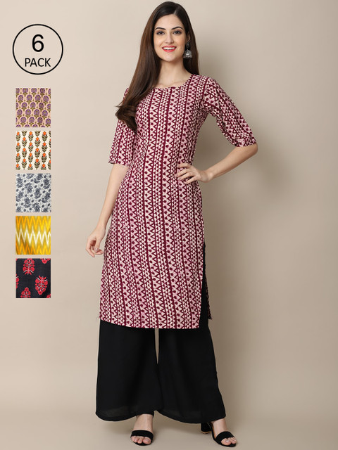 

KALINI Women PACK OF 6 Geometric Printed Thread Work Printed Crepe Kurta, Multi