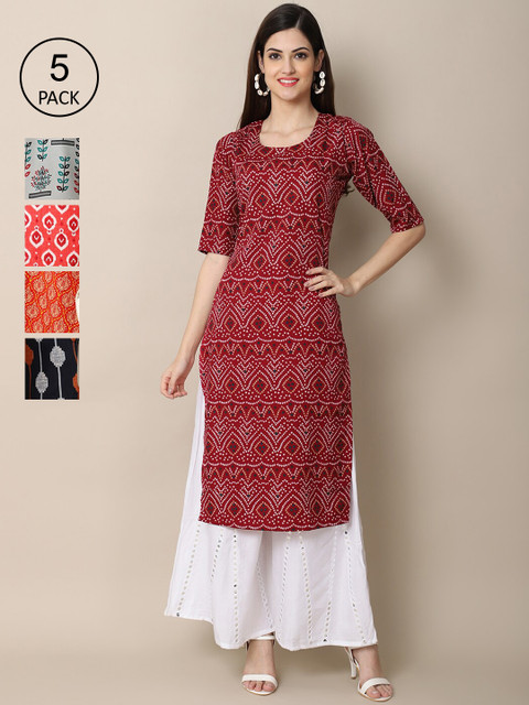 

KALINI Women Maroon Coral Blue Floral Printed Block Print Crepe Kurta