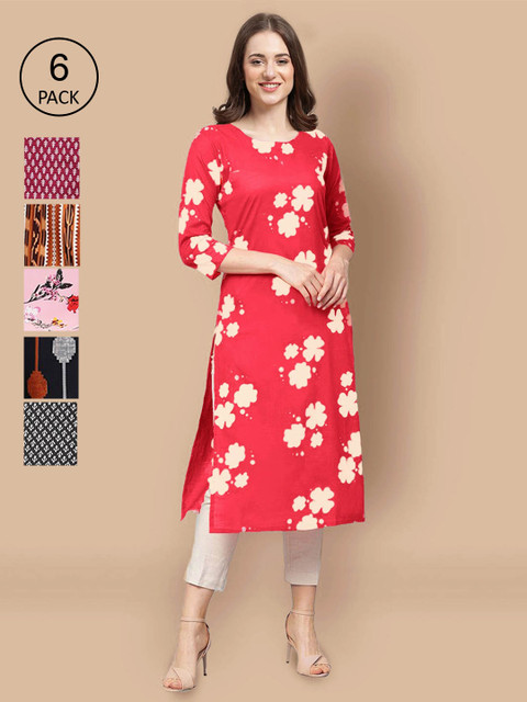 

KALINI Women PACK OF 6 Geometric Printed Thread Work Printed Crepe Kurta, Multi