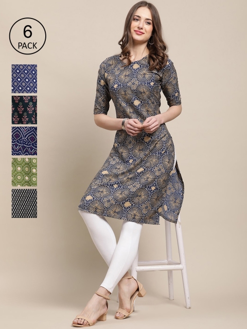 

KALINI Women Grey Blue Green Geometric Printed Thread Work Block Print Crepe Kurta