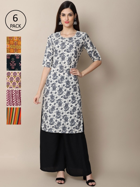 

KALINI Women PACK OF 6 Floral Printed Thread Work Printed Crepe Kurta, Multi