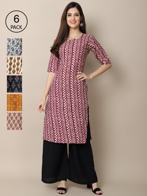 

KALINI Women Blue Beige Pink Floral Printed Thread Work Block Print Crepe Kurta