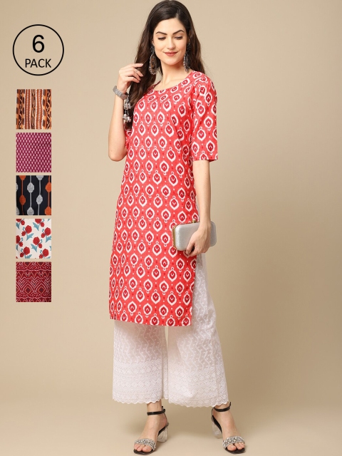 

KALINI Women Pack Of 6 Red & Black Ethnic Motifs Printed Crepe Kurtas