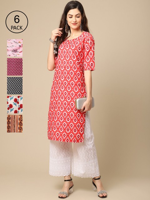 

KALINI Women Pack Of 6 Red & Pink Geometric Printed Crepe Kurtas