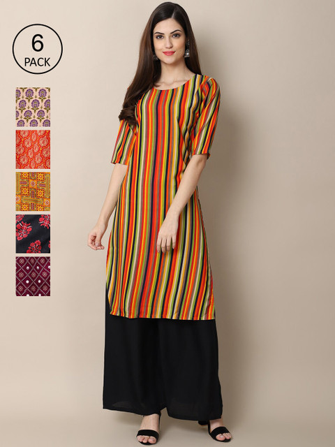 

KALINI Women PACK OF 6 Floral Printed Thread Work Printed Crepe Kurta, Multi