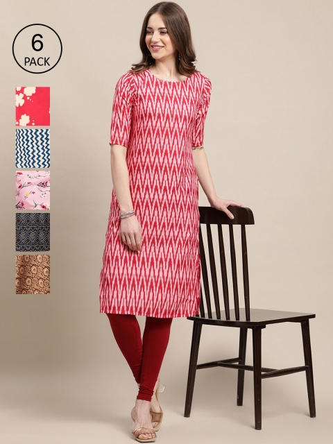 

KALINI Women Multicoloured Pack Of 6 Floral Printed Block Print Crepe Kurta, Multi