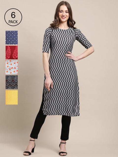 

KALINI Women Pack of 6 Printed Block Print Crepe Kurta, Multi