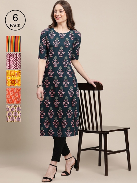 

KALINI Women Set Of 6 Multicoloured Striped Crepe Kurta, Multi