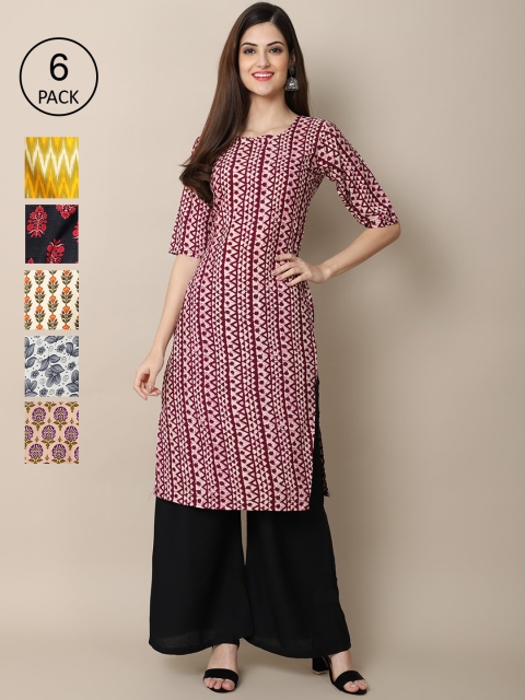 

KALINI Women Pack Of 6 Ethnic Motifs Block Print Crepe Kurtas, Black