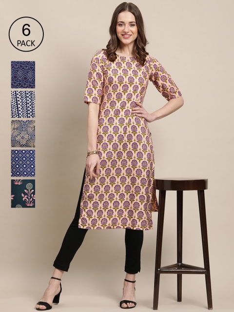 

KALINI Women Pack of 6 Navy Blue & Peach-Coloured Ethnic Motifs Printed Crepe Kurta