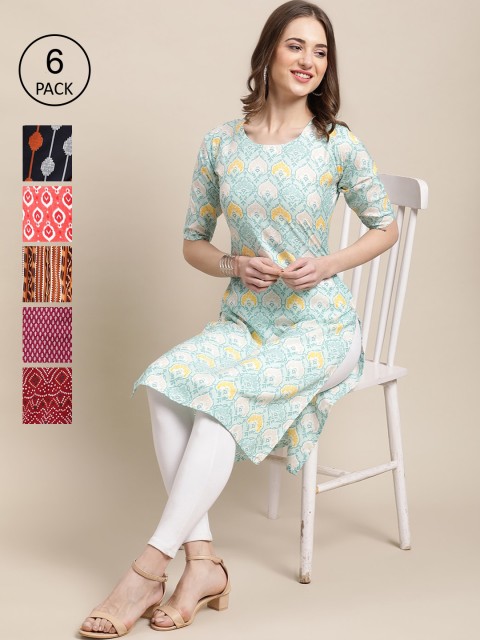 

KALINI Women Pack Of 6 Multicoloured Ethnic Motifs Printed Crepe Kurta, Multi