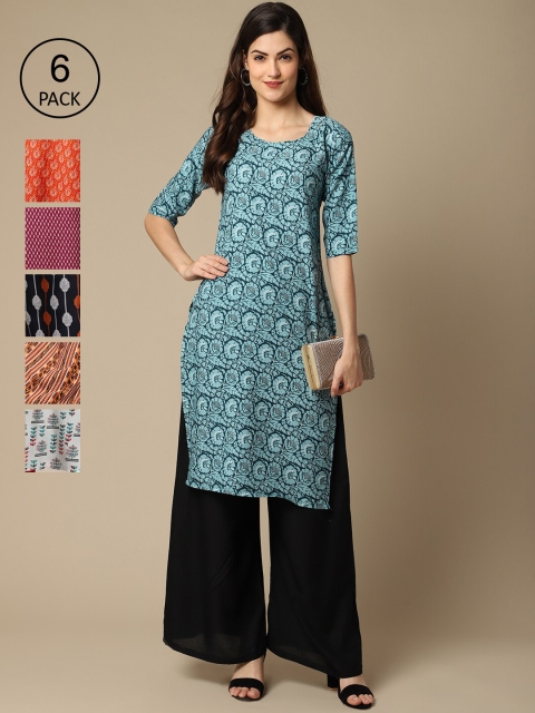 

KALINI Women Pack of 6 Ethnic Motifs Printed Block Print Crepe Kurta, Blue