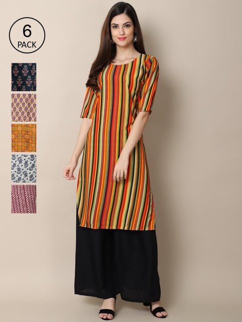 

KALINI Women Pack of 6 Multicoloured Geometric Printed Crepe Kurta, Multi