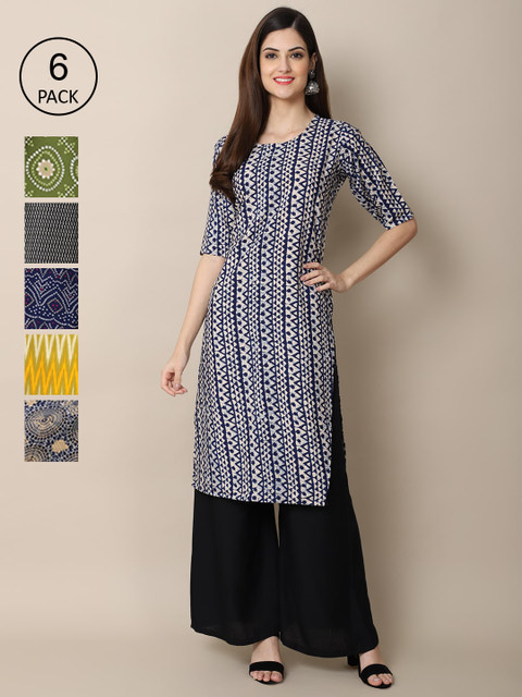 

KALINI Women Green & Yellow Ethnic Motifs Printed Mirror Work Block Print Crepe Kurta