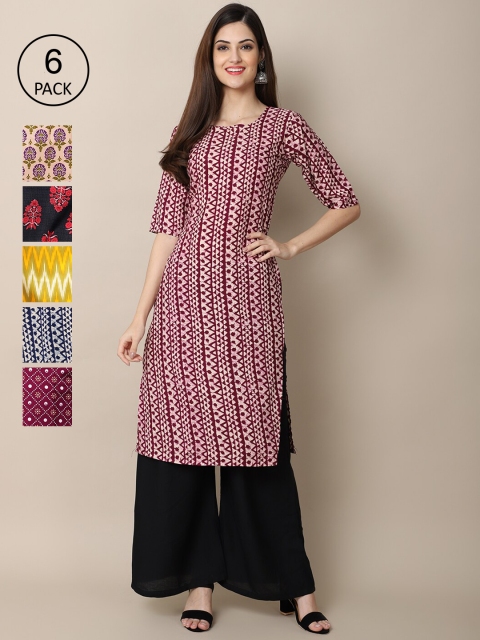 

KALINI Women Pack Of 6 Geometric Printed Block Print Crepe Kurta, Maroon
