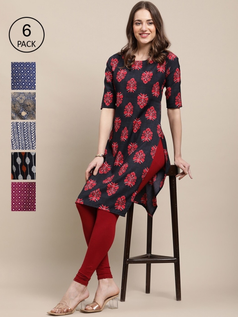 

KALINI Women Pack Of 6 Printed Block Print Crepe Kurta, Multi