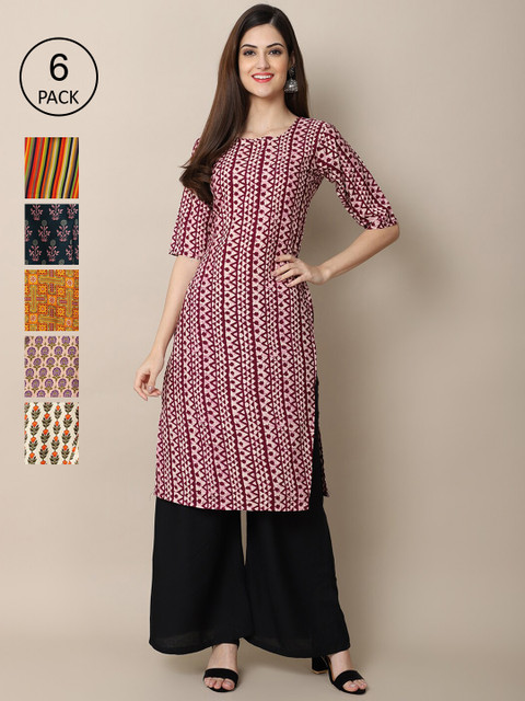 

KALINI Women Green & Peach-Coloured Geometric Printed Crepe Kurta